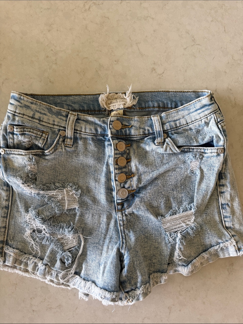 Altar'd State Light Blue Distressed Button-Front Denim Shorts